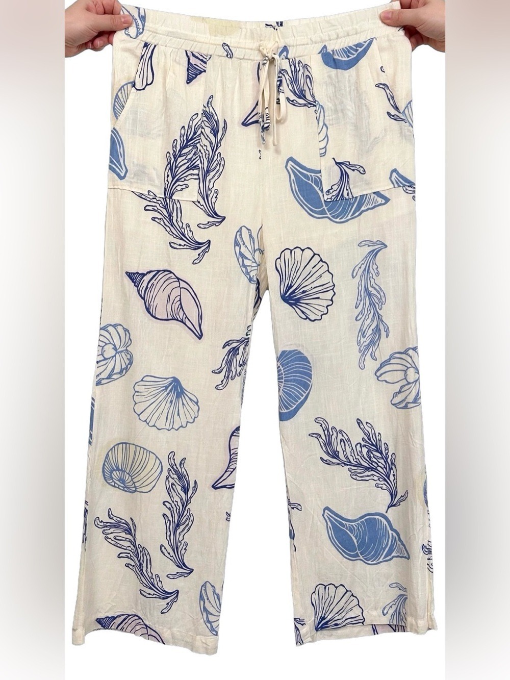 Illa Illa Seashell & Sea Plant Cream/Blue Wide Leg Pull-On Pants - Size L - Picture 2 of 11